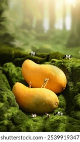 Oversized mangoes with tiny figures and cows in a lush, green, miniature landscape.