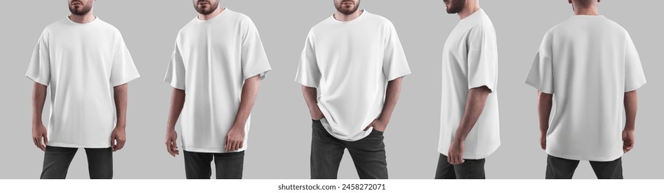 Oversized white t-shirt mockup on a bearded guy in jeans, summer clothing for design, branding, front, side, back view. Set of casual male apparel, isolated on background. Fashion streetwear template
