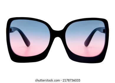 Oversized women sunglasses retro cateye glasses black frame with blue and pink lens front view