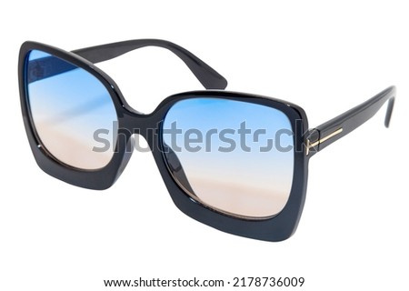 Oversized women sunglasses retro cateye glasses black frame with blue and brown lens top front view
