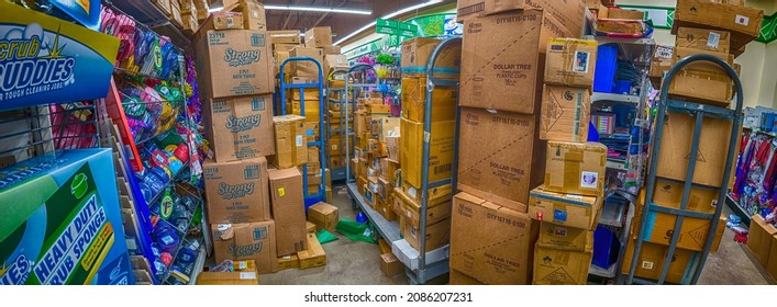 Overstock Dollar Tree Store With Many Cardboard Boxes, Mess, A Lot Of Items Stored Inside The Store, Super Wide-angle Panoramic View,  New York City, Manhattan, United States Of America,12.04.2021