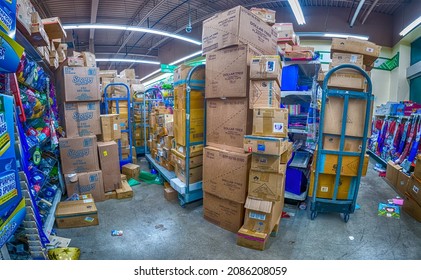 Overstock Dollar Tree Store With Many Cardboard Boxes, Mess, A Lot Of Items Stored Inside The Store, Super Wide-angle Panoramic View,  New York City, Manhattan, United States Of America,12.04.2021