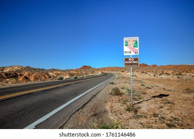 Overton, Nevada, USA - February 19, 2020: Sign Designating Nevada Highway 169 As A State Scenic Byway. The Two Lane Highway Goes Through The Valley Of Fire Offering Scenic Mountain And Desert Views. 