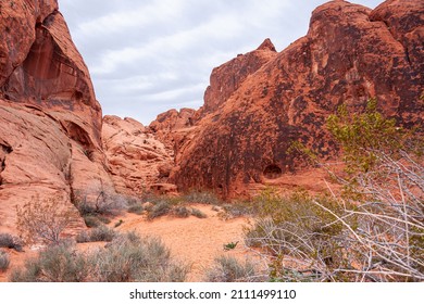 Overton, Nevada, USA - February 24, 2010: Valley of Fire. Sandy entrance into narrow canyon flanked on both sides by cracked, blackened, lined and damages red rocks under gray cloudscape.  Weeds on dr