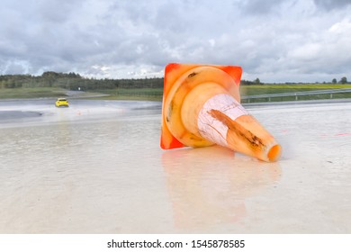 Overturned Cone During Extreme Driving On Slippery Surface.