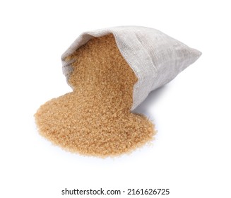 Overturned Sack With Brown Sugar On White Background