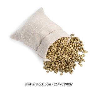 Overturned sack of gold nuggets on white background, top view