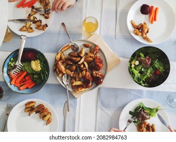 Overvew Photo Of Healthy Family Dinner With Baked Potato And Chiken And Salad With Avocado, Soybeans And Beetroot