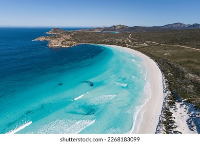 An overview of the beach and campsite at Lucky Bay, Cape Le Grand National Park, Western Australia - Shutterstock ID 2268183099