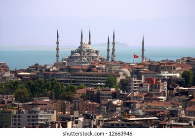 Overview of Blue Mosque in Istambul over blue sky