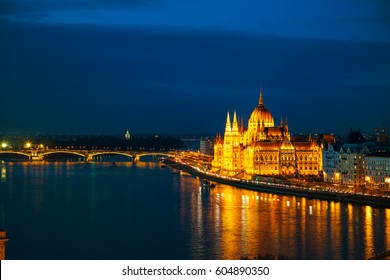 Overview of Budapest with the Parliament building at sunset