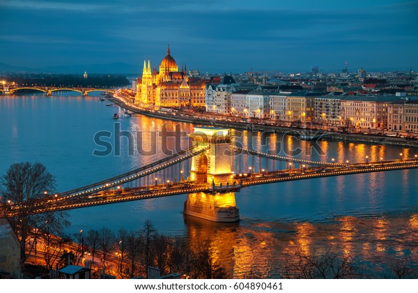 Overview of Budapest with the Szechenyi Chain Bridge at sunset