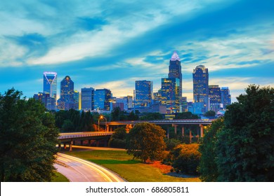 Overview of downtown Charlotte, NC at night