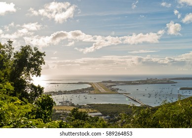 Overview Of St.Maarten Airport While The Sunsets. 