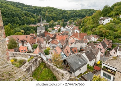 Overview of the town centre of Eppstein im Taunus, Hesse, Germany, with the roofs of old, historic houses and winding streets and alleys.