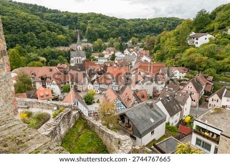 Overview of the town centre of Eppstein im Taunus, Hesse, Germany, with the roofs of old, historic houses and winding streets and alleys.