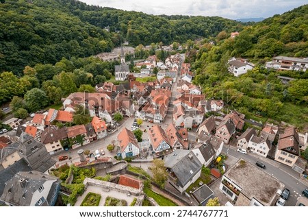 Overview of the town centre of Eppstein im Taunus, Hesse, Germany, with the roofs of old, historic houses and winding streets and alleys.