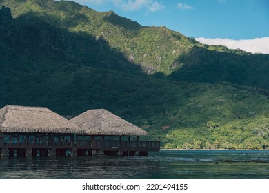 Overwater Bungalows Near The Mountain, Tahiti Landscape, French Polynesia Beach