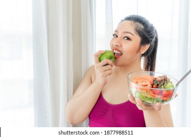 Overweight Asian Plump Female ,fat Women , Fat Girl , Chubby, Eating Green Apple And Vegetable Salad Clean Food - Lifestyle Woman Diet Weight Loss Overweight Problem Concept