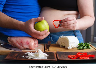 Overweight Couple Cooking Diet Food. Fat Man And Woman Preparing Low-calorie Meals. 