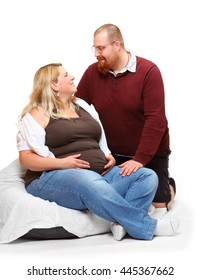 Overweight Couple. Healthy Lifestyle Concept. Obese Adults On White Background. Happy Family Together.