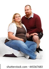 Overweight Couple. Healthy Lifestyle Concept. Obese Adults On White Background. Happy Family Together.