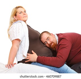 Overweight Couple. Healthy Lifestyle Concept. Obese Adults On White Background. Happy Family Together. Pregnant Woman With Her Husband.