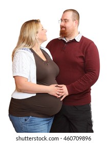 Overweight Couple. Healthy Lifestyle Concept. Obese Adults On White Background. Happy Family Together. Pregnant Woman With Her Husband.