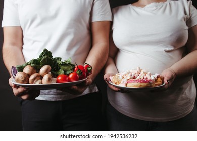 Overweight Couple With Healthy And Unhealthy Food