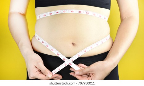 Overweight Fat Woman, Middle-aged Woman With Excessive Belly Fat, Woman Muffin Top Waistline.