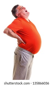 Overweight man with acute back ache bending over backwards to attenuate the pain, with agonized expression on his face, against white