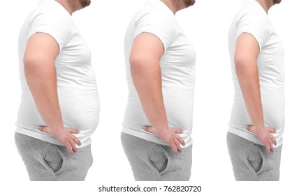 Overweight Man Before And After Weight Loss On White Background