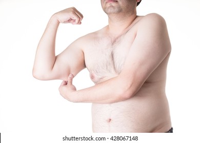 Overweight Man Hand Holding Or Pinching Fat Body Weak Flabby Triceps Muscle White Isolated