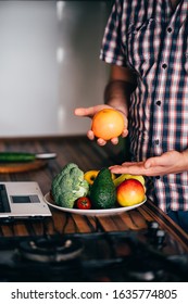 Overweight Man Recording Video Cooking Healthy Food At Home Kitchen. Cooking Recipe Online Culinary Blog, Weight Loss Support