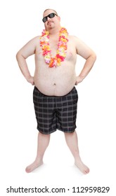 Overweight man in swimsuit with flowers necklace - traditional Hawaiian decoration.