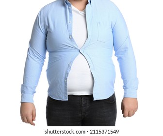Overweight man in tight clothes on white background, closeup
