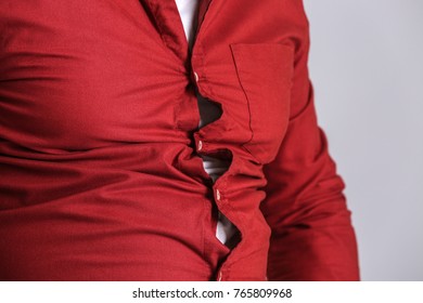 Overweight Man In Tight Red Shirt, Closeup