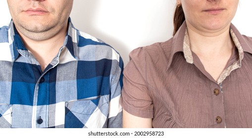 Overweight Man And Woman With Double Chin On Their Face, Close-up. Family Obesity Concept