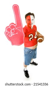 Overweight, Middle Aged Sports Fan In A Football Jersey With A Number One Foam Finger.