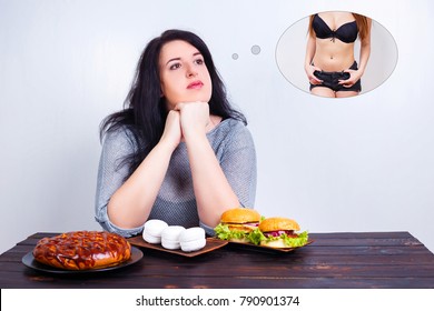 Overweight Obese Woman With Junk Food Dreaming Of Fit And Slim Body. Weight Losing, Obesity, High-calorie Food, Unhealthy Nutrition,dieting Concept