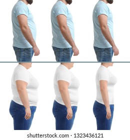 Overweight people before and after weight loss on white background, closeup