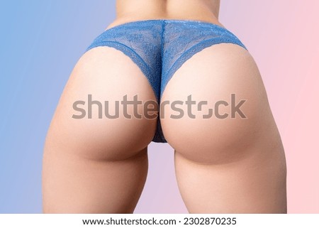 Overweight thigh, woman with fat hips and buttocks, obesity female body with cellulite on purple pink gradient background, studio shot