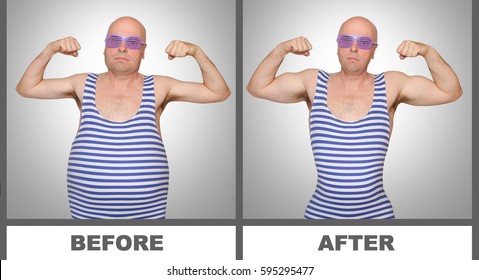 Overweight unhealthy man and slim strong bodybuilder. Compare two different lifestyles. Situation before and after use your wonderful pills or new amazing diet. Healthcare and male beauty theme.