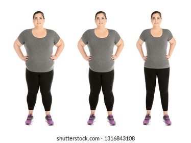 Overweight Woman Before And After Weight Loss On White Background