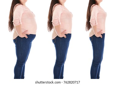 Overweight Woman Before And After Weight Loss On White Background