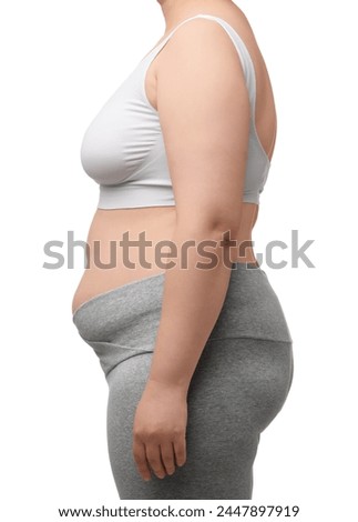 Overweight woman on white background, closeup view