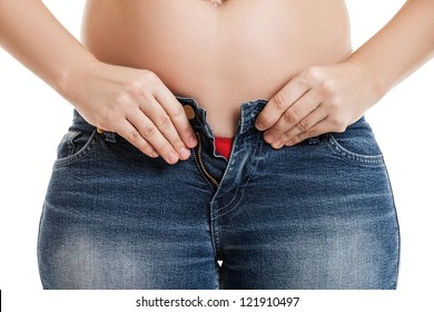 Overweight Woman Wearing Jeans On Fat Body Belly Paunch