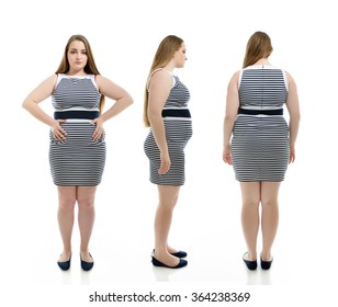 Overweight Young Woman, Full Length Portrait. Front, Side And Back View, Over White Background.