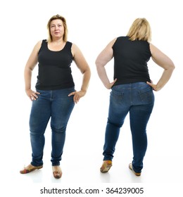 Overweight Young Woman Wearing Sportwear, Full Length Portrait. Front And Back View, Over White Background.