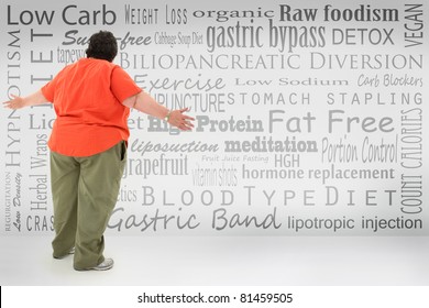 Overwhelmed Obese Woman Looking At List Of Fad Diets And Surgical Weight Loss Methods  Written On Wall.